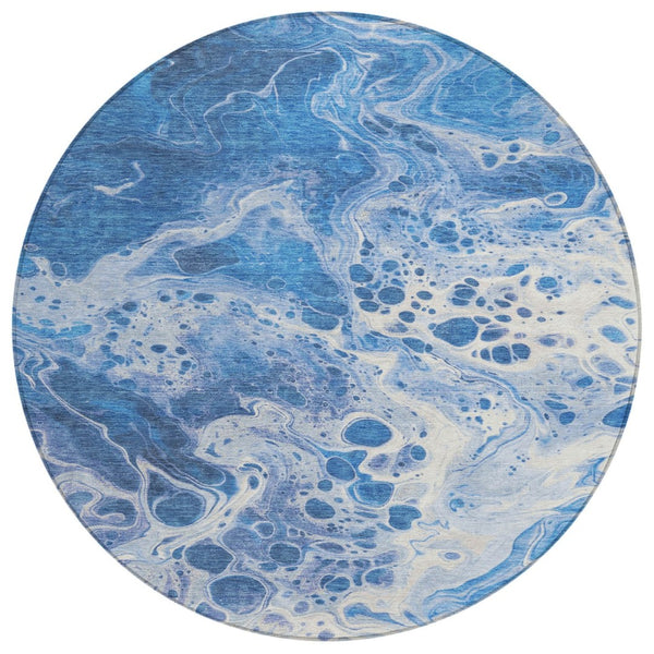 HomeRoots 5' Navy Blue and Ivory Abstract Area Rug - Stylish, Washable, Durable for Indoor and Outdoor Spaces 8' Round 618306
