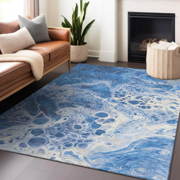 HomeRoots 5' Navy Blue and Ivory Abstract Area Rug - Stylish, Washable, Durable for Indoor and Outdoor Spaces 10' X 14' 618309