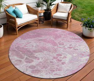 HomeRoots 5' Modern Pink and Ivory Abstract Area Rug - Washable, Durable, Indoor/Outdoor Style for Any Space 8' Round 618312