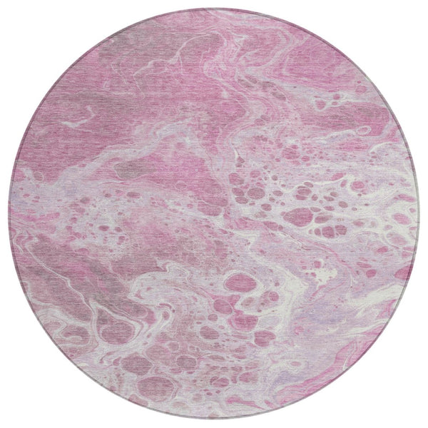 HomeRoots 5' Modern Pink and Ivory Abstract Area Rug - Washable, Durable, Indoor/Outdoor Style for Any Space 8' Round 618312