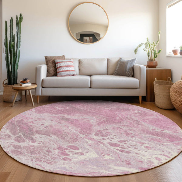 HomeRoots 5' Modern Pink and Ivory Abstract Area Rug - Washable, Durable, Indoor/Outdoor Style for Any Space 8' Round 618312