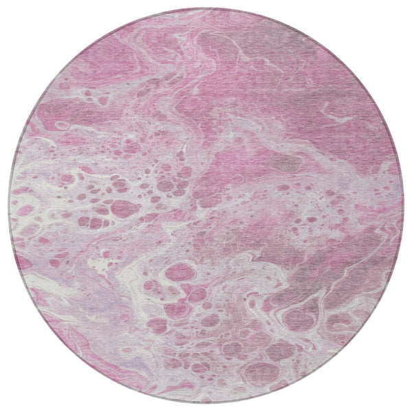 HomeRoots 5' Modern Pink and Ivory Abstract Area Rug - Washable, Durable, Indoor/Outdoor Style for Any Space 8' Round 618312