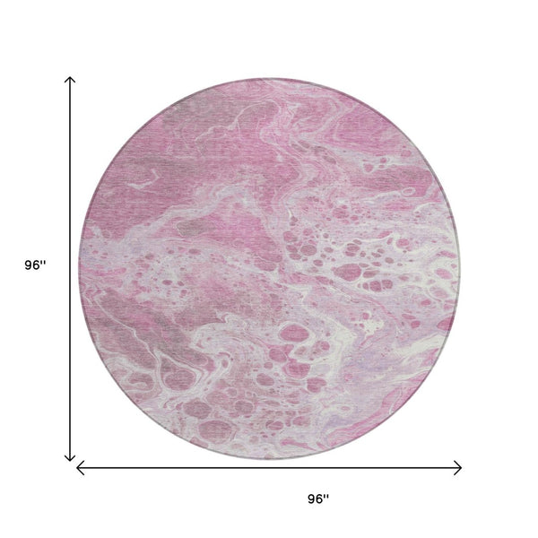 HomeRoots 5' Modern Pink and Ivory Abstract Area Rug - Washable, Durable, Indoor/Outdoor Style for Any Space 8' Round 618312