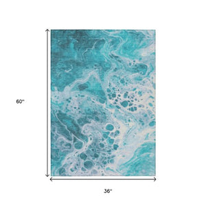 Homeroots 3' X 5' Artistic Green And Ivory Abstract Washable Indoor-outdoor Area Rug For Stylish Spaces Teal Polyester 618322