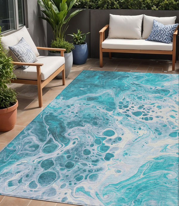 Homeroots 3' X 5' Artistic Green And Ivory Abstract Washable Indoor-outdoor Area Rug For Stylish Spaces Teal Polyester 618323