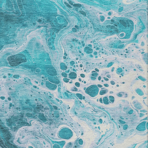 Homeroots 3' X 5' Artistic Green And Ivory Abstract Washable Indoor-outdoor Area Rug For Stylish Spaces Teal Polyester 618323