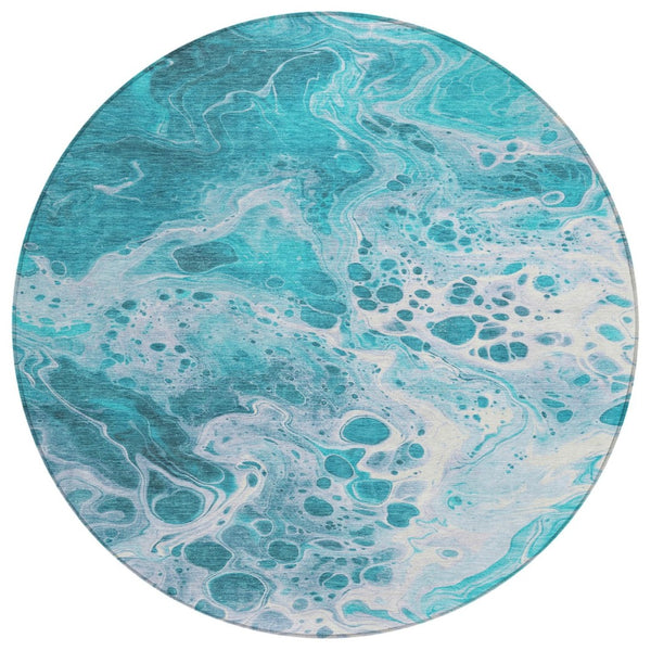HomeRoots 5' Teal Blue and Ivory Abstract Area Rug – Stylish, Washable, Indoor/Outdoor Rug for Everyday Use 8' Round 618324