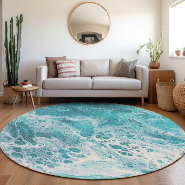 Homeroots 3' X 5' Artistic Green And Ivory Abstract Washable Indoor-outdoor Area Rug For Stylish Spaces Teal Polyester 618324