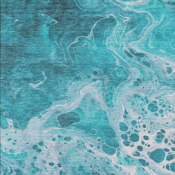 Homeroots 3' X 5' Artistic Green And Ivory Abstract Washable Indoor-outdoor Area Rug For Stylish Spaces Teal Polyester 618325