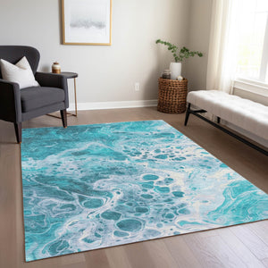 Homeroots 3' X 5' Artistic Green And Ivory Abstract Washable Indoor-outdoor Area Rug For Stylish Spaces Teal Polyester 618326