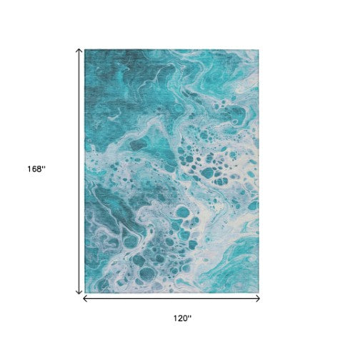 Homeroots 3' X 5' Artistic Green And Ivory Abstract Washable Indoor-outdoor Area Rug For Stylish Spaces Teal Polyester 618327