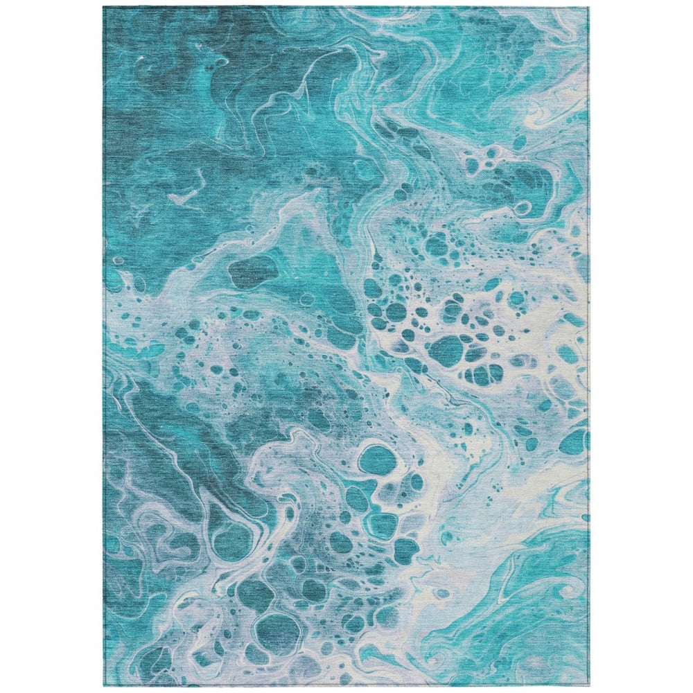 HomeRoots 5' Teal Blue and Ivory Abstract Area Rug – Stylish, Washable, Indoor/Outdoor Rug for Everyday Use 10' X 14' 618327