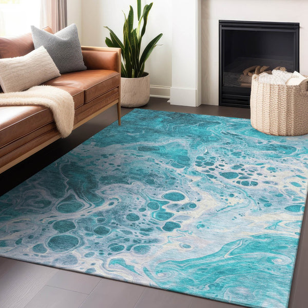 Homeroots 3' X 5' Artistic Green And Ivory Abstract Washable Indoor-outdoor Area Rug For Stylish Spaces Teal Polyester 618327