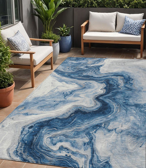 Homeroots 3' X 5' Abstract Washable Indoor Outdoor Area Rug - Stylish, Durable & Stain Resistant For Any Space Navy Polyester 618335