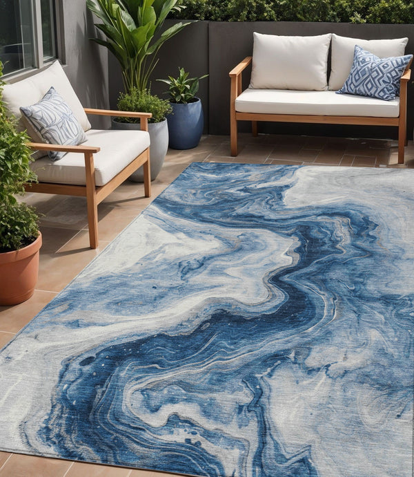Homeroots 3' X 5' Abstract Washable Indoor Outdoor Area Rug - Stylish, Durable & Stain Resistant For Any Space Navy Polyester 618335