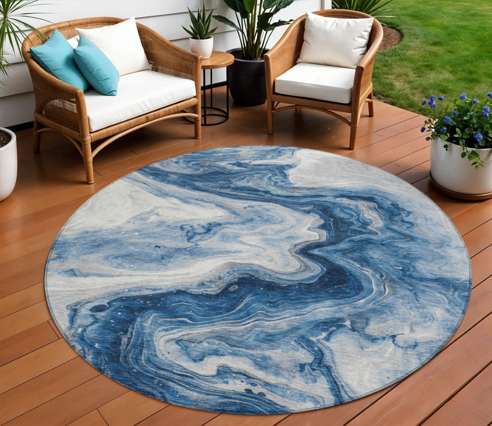 HomeRoots 5' Modern Navy Blue and Silver Abstract Area Rug – Washable, Stain-Resistant for Indoor Outdoor Use 8' Round 618336