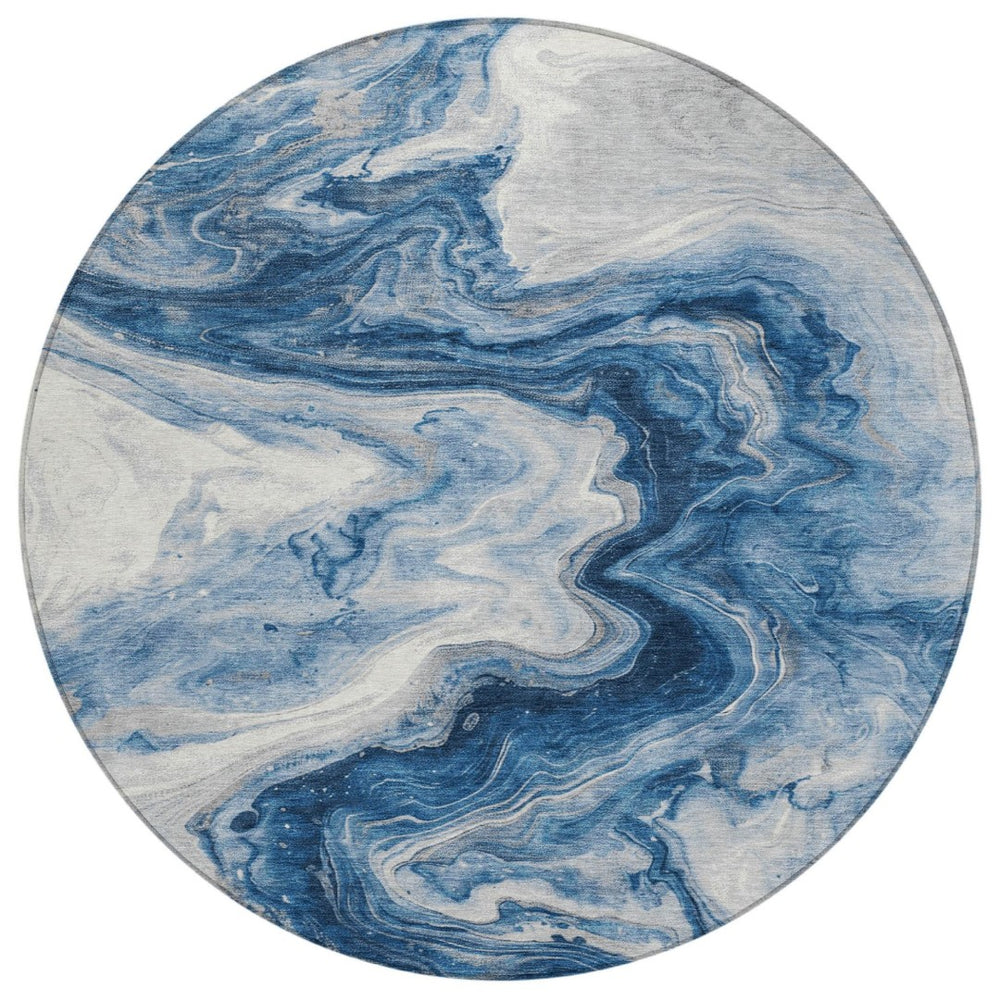 HomeRoots 5' Modern Navy Blue and Silver Abstract Area Rug – Washable, Stain-Resistant for Indoor Outdoor Use 8' Round 618336