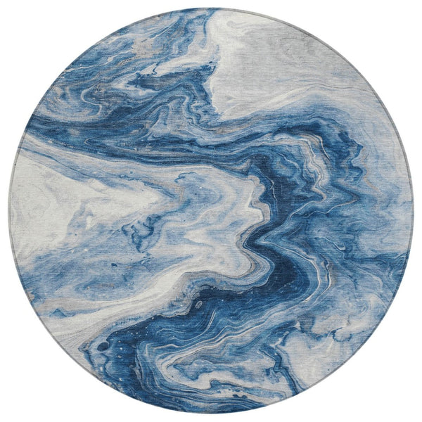 HomeRoots 5' Modern Navy Blue and Silver Abstract Area Rug – Washable, Stain-Resistant for Indoor Outdoor Use 8' Round 618336
