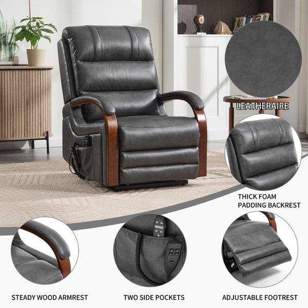 English Elm Power Lift Recliner with Dual Motor Heat Massage Leatheraire and Solid Wood Arms W1803S00081