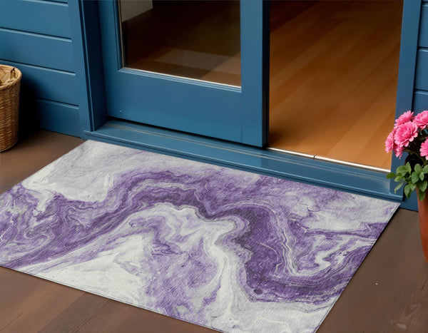 Homeroots 3' X 5' Abstract Washable Indoor Outdoor Area Rug - Stylish, Durable & Stain Resistant For Any Space Purple Polyester 618340