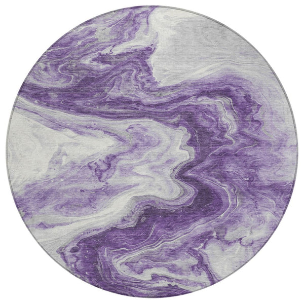 HomeRoots 5' Purple and Silver Abstract Indoor-Outdoor Area Rug | Modern, Washable, Stain-Resistant Design 8' Round 618342
