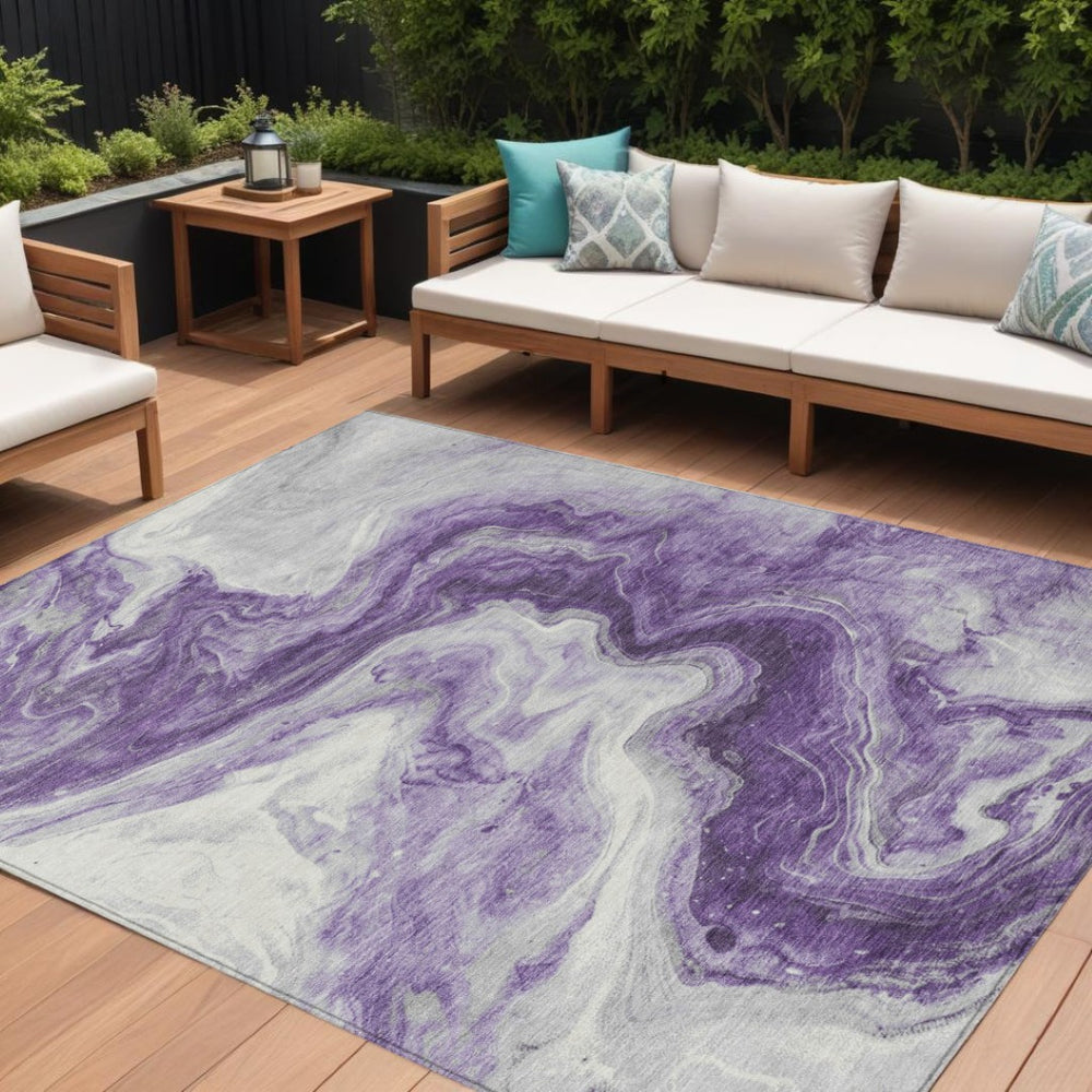 HomeRoots 5' Purple and Silver Abstract Indoor-Outdoor Area Rug | Modern, Washable, Stain-Resistant Design 9' X 12' 618344