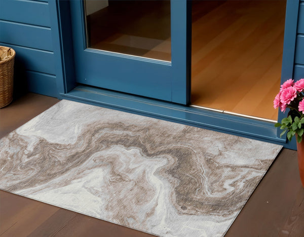 Homeroots 3' X 5' Abstract Washable Indoor Outdoor Area Rug - Stylish, Durable & Stain Resistant For Any Space Taupe Polyester 618346