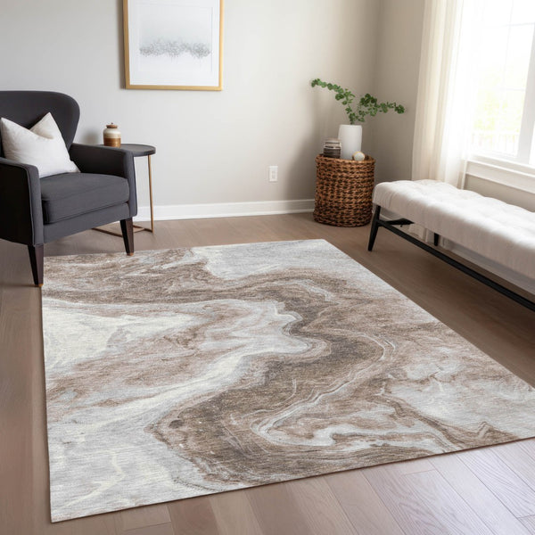 Homeroots 3' X 5' Abstract Washable Indoor Outdoor Area Rug - Stylish, Durable & Stain Resistant For Any Space Taupe Polyester 618346