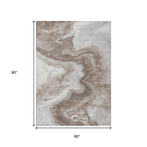 Homeroots 3' X 5' Abstract Washable Indoor Outdoor Area Rug - Stylish, Durable & Stain Resistant For Any Space Taupe Polyester 618347