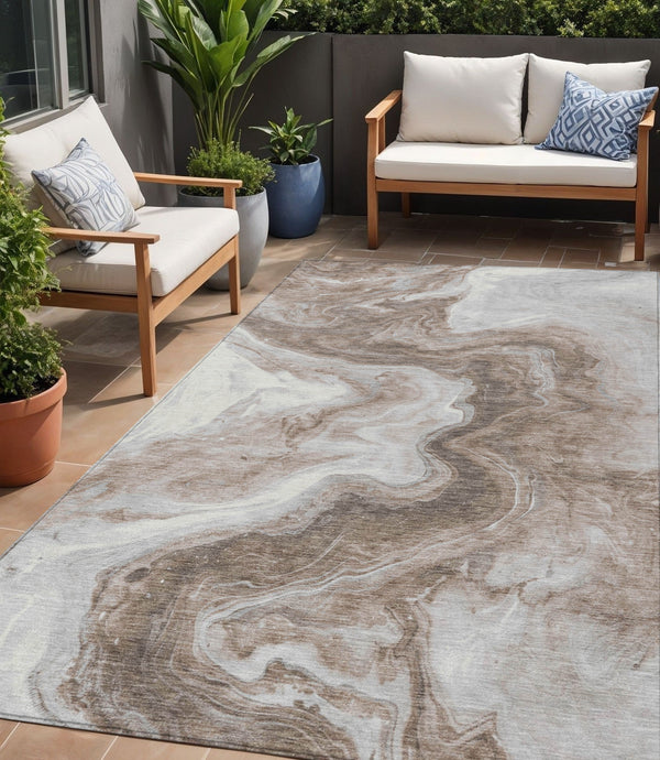 Homeroots 3' X 5' Abstract Washable Indoor Outdoor Area Rug - Stylish, Durable & Stain Resistant For Any Space Taupe Polyester 618347