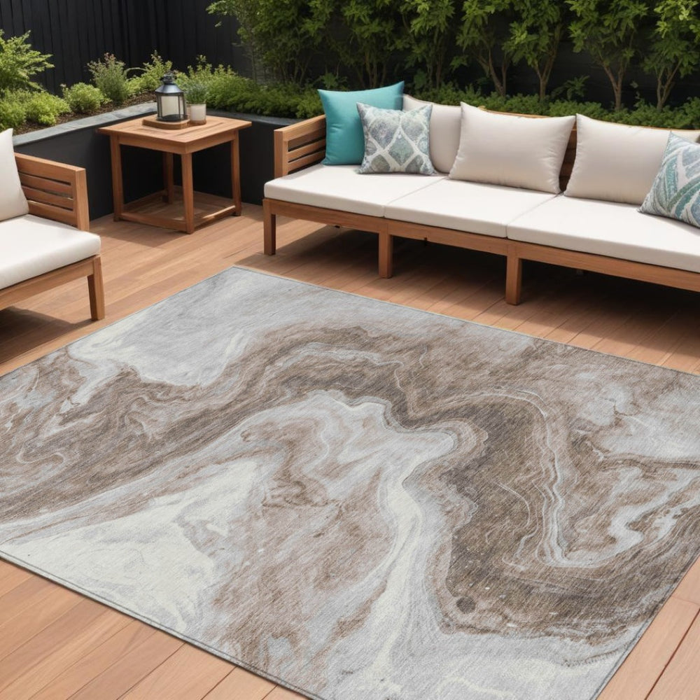 HomeRoots 9' X 12' Stylish Taupe & Silver Abstract Area Rug - Durable, Washable for Indoor & Outdoor Spaces 618350