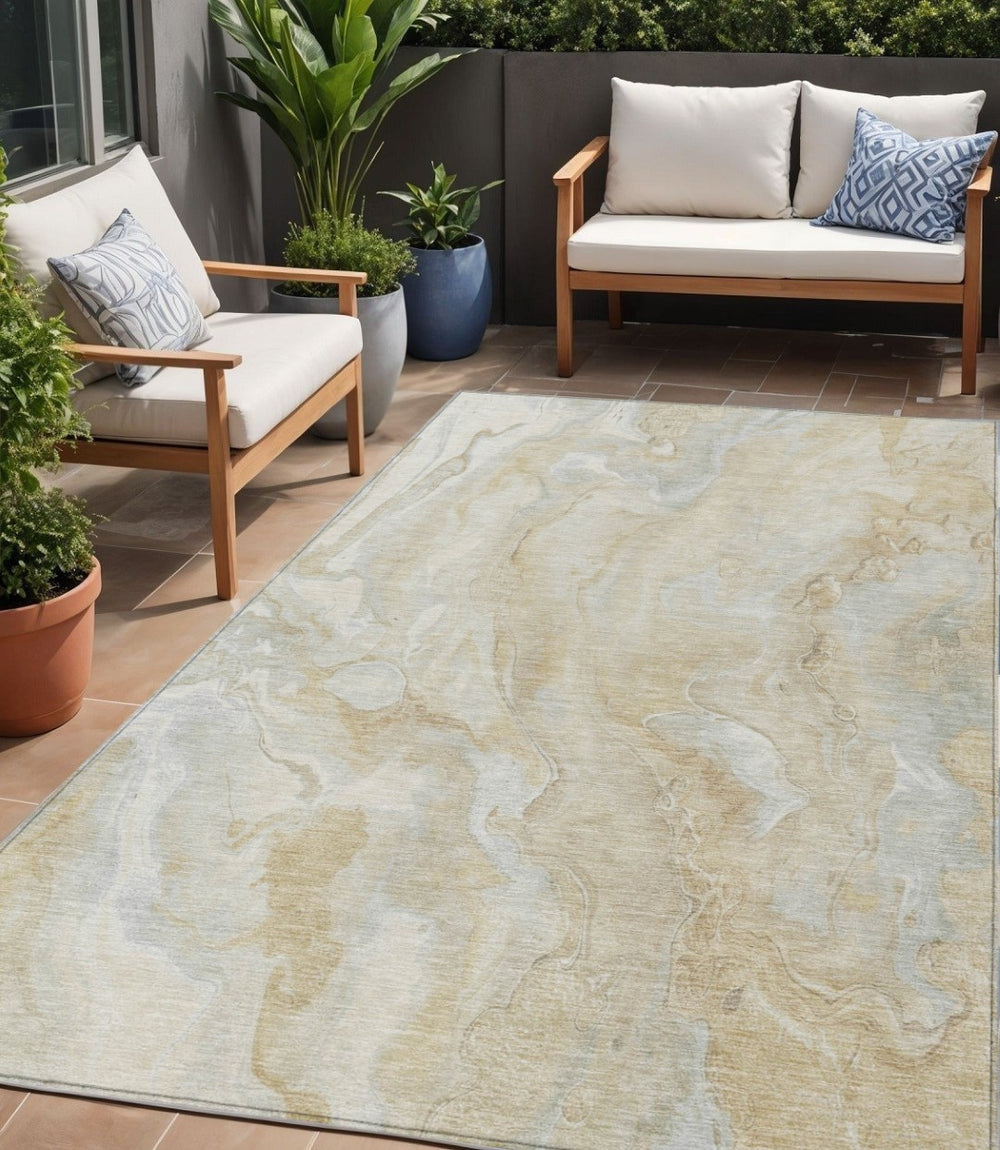 HomeRoots 5' Beige and Silver Abstract Washable Area Rug - Durable Indoor/Outdoor Design for Modern Spaces 5' X 8' 618353