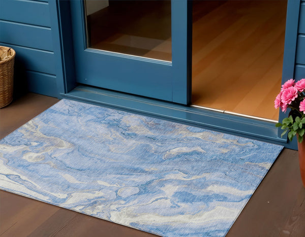 Homeroots 3' X 5' Abstract Washable Indoor Outdoor Area Rug - Durable, Stylish, And Stain-resistant Design Blue Polyester 618358