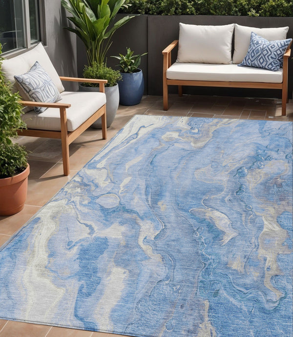 Homeroots 3' X 5' Abstract Washable Indoor Outdoor Area Rug - Durable, Stylish, And Stain-resistant Design Blue Polyester 618359