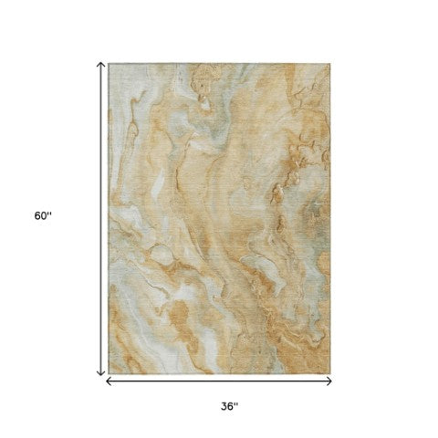 Homeroots 3' X 5' Abstract Washable Indoor Outdoor Area Rug - Durable, Stylish, And Stain-resistant Design Gold Polyester 618364