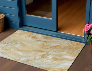 Homeroots 3' X 5' Abstract Washable Indoor Outdoor Area Rug - Durable, Stylish, And Stain-resistant Design Gold Polyester 618364