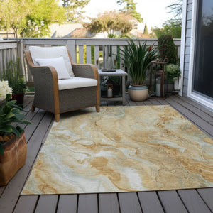 Homeroots 3' X 5' Abstract Washable Indoor Outdoor Area Rug - Durable, Stylish, And Stain-resistant Design Gold Polyester 618364