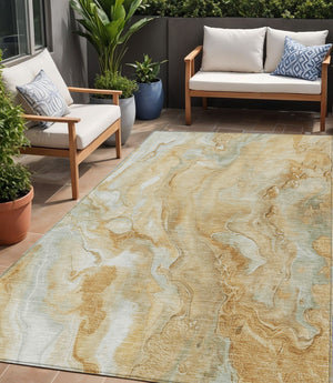 Homeroots 3' X 5' Abstract Washable Indoor Outdoor Area Rug - Durable, Stylish, And Stain-resistant Design Gold Polyester 618365