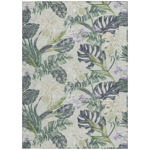 HomeRoots 5' Botanical Leaves Area Rug in Artichoke Green, Lavender & Ivory - Washable for Indoor/Outdoor Use 5' X 8' 618383