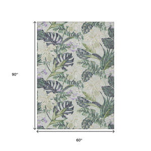 HomeRoots 5' Botanical Leaves Area Rug in Artichoke Green, Lavender & Ivory - Washable for Indoor/Outdoor Use 5' X 8' 618383