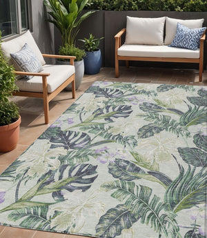 HomeRoots 5' Botanical Leaves Area Rug in Artichoke Green, Lavender & Ivory - Washable for Indoor/Outdoor Use 5' X 8' 618383