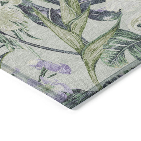 HomeRoots 5' Botanical Leaves Area Rug in Artichoke Green, Lavender & Ivory - Washable for Indoor/Outdoor Use 5' X 8' 618383
