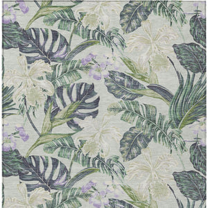 HomeRoots 5' Botanical Leaves Area Rug in Artichoke Green, Lavender & Ivory - Washable for Indoor/Outdoor Use 5' X 8' 618383