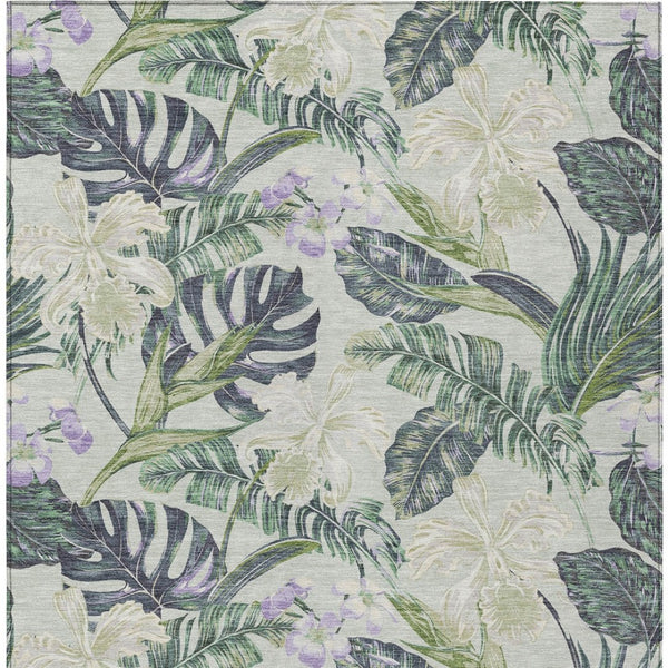 HomeRoots 5' Botanical Leaves Area Rug in Artichoke Green, Lavender & Ivory - Washable for Indoor/Outdoor Use 5' X 8' 618383