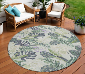 HomeRoots 5' Botanical Leaves Area Rug in Artichoke Green, Lavender & Ivory - Washable for Indoor/Outdoor Use 8' Round 618384