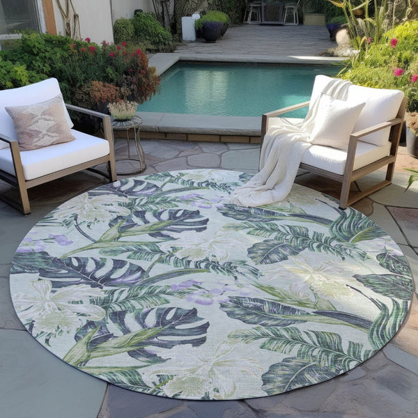 HomeRoots 5' Botanical Leaves Area Rug in Artichoke Green, Lavender & Ivory - Washable for Indoor/Outdoor Use 8' Round 618384
