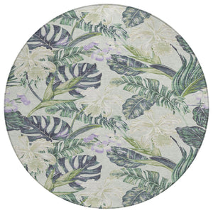 HomeRoots 5' Botanical Leaves Area Rug in Artichoke Green, Lavender & Ivory - Washable for Indoor/Outdoor Use 8' Round 618384