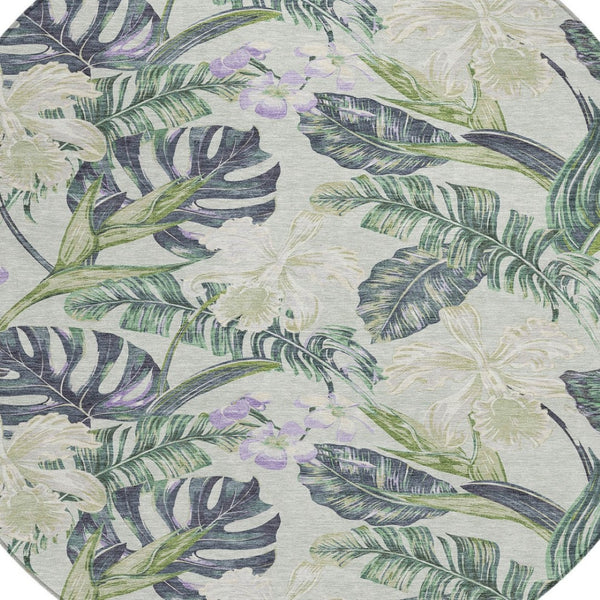 HomeRoots 5' Botanical Leaves Area Rug in Artichoke Green, Lavender & Ivory - Washable for Indoor/Outdoor Use 8' Round 618384