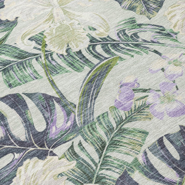 HomeRoots 5' Botanical Leaves Area Rug in Artichoke Green, Lavender & Ivory - Washable for Indoor/Outdoor Use 8' Round 618384
