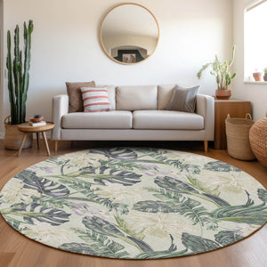 HomeRoots 5' Botanical Leaves Area Rug in Artichoke Green, Lavender & Ivory - Washable for Indoor/Outdoor Use 8' Round 618384